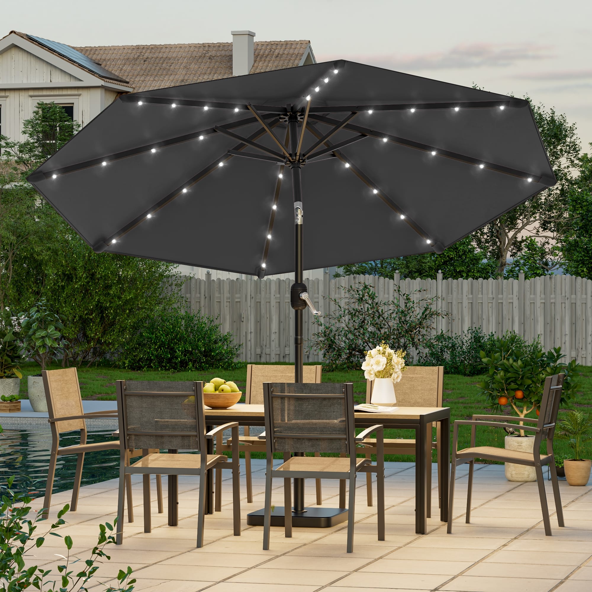 9ft led patio umbrella Solar w/ Light Bulbs Tilt 3-Tiered 8-Rib while a smooth crank handle ensures effortless opening and closing 9ft Solar Patio Umbrella With