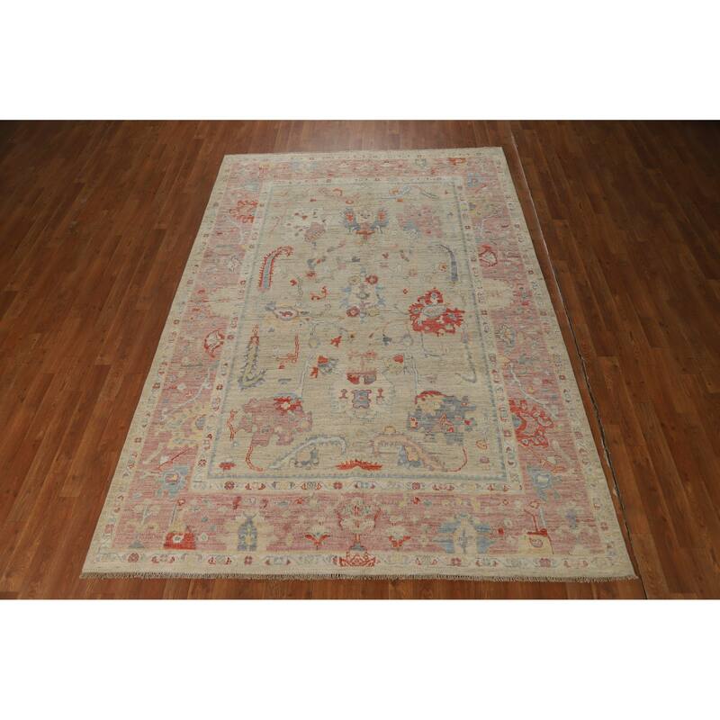 Vegetable Dye Oushak Turkish Area Rug Floral Handmade Wool Carpet - 6'1"x 8'10"