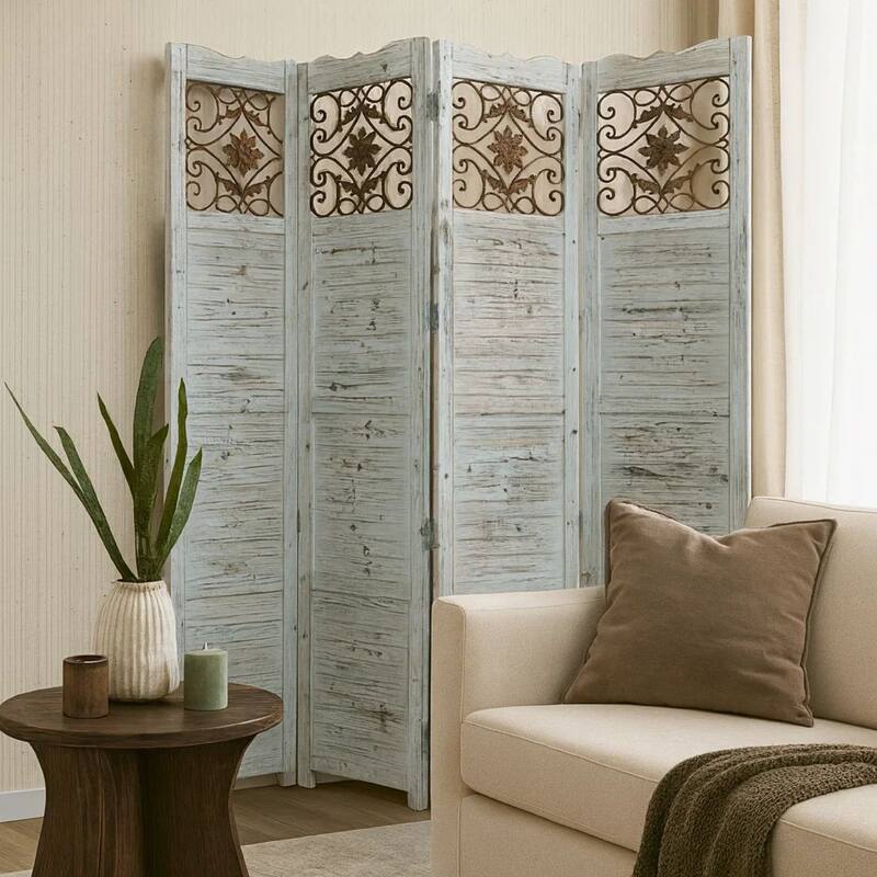 Wooden 4 Panel Screen with Textured Panels and Scrolled Details, White