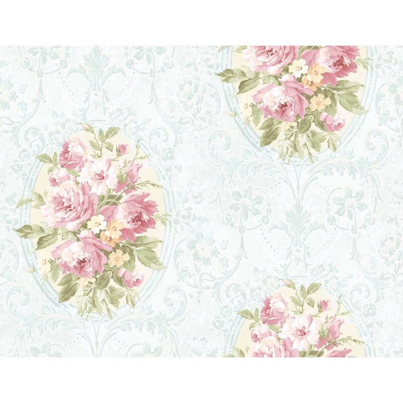 Seabrook Designs Vivienne Floral Cameo Unpasted Wallpaper - 27 in. W x 27 ft. L - Metallic Light Blue & Bubblegum