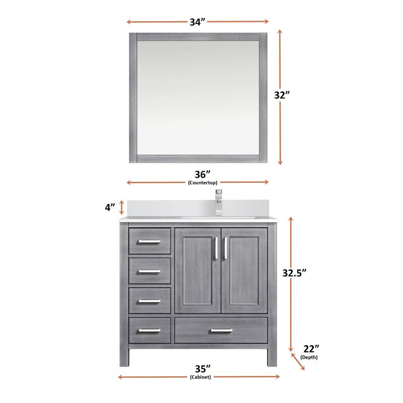Jacques 36 in. W x 22 in. D Right Offset White Bath Vanity, Cultured Marble Top, Faucet Set, and 34 in. Mirror