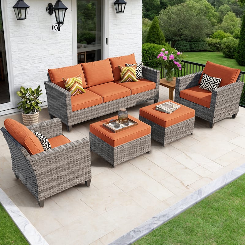 OVIOS 5-Piece Outdoor Wicker Patio Conversation Set - Red/Orange