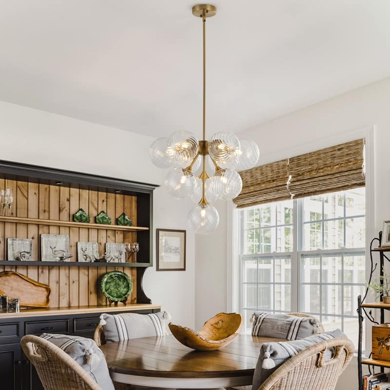 Modern 10-Light Chandelier with Swirl Clear Glass Globes and Brass Finish
