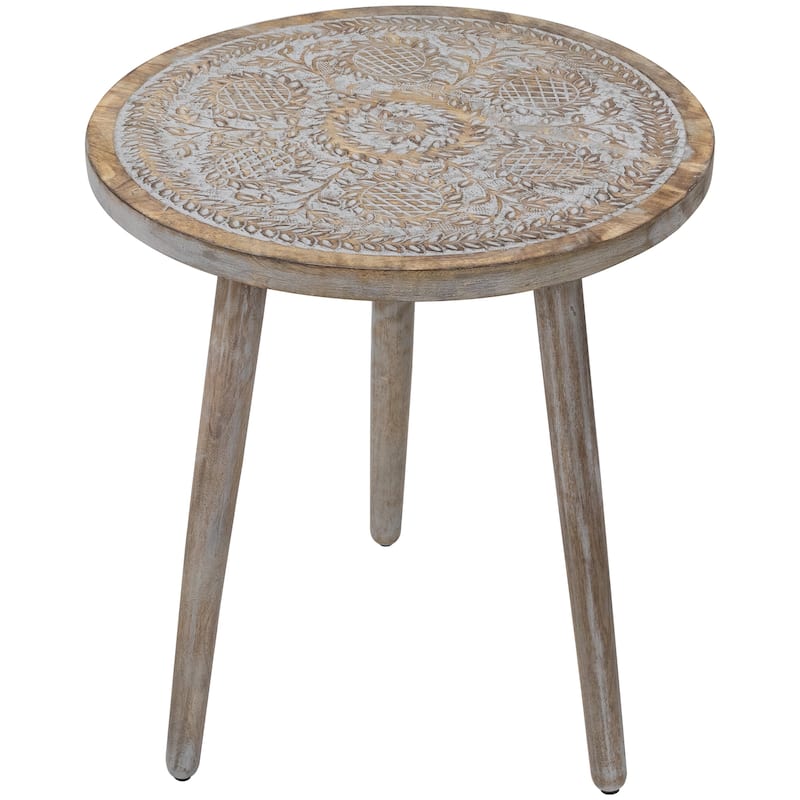 21" Antique Gray Engraved Round Tri Leg Wooden Side Table