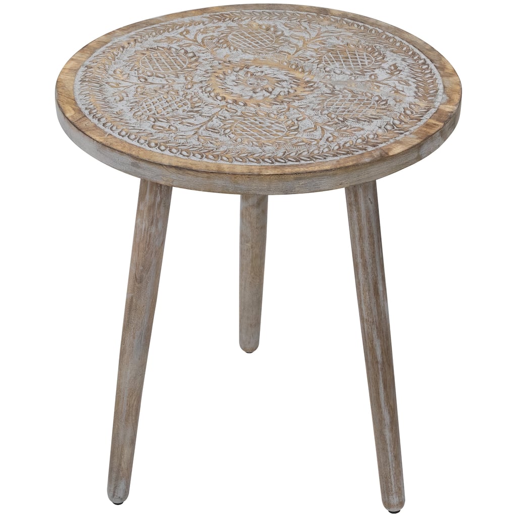 21" Antique Gray Engraved Round Tri Leg Wooden Side Table