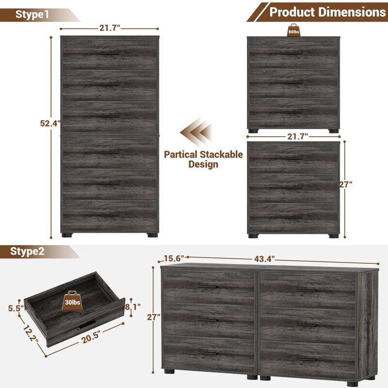 2-Pack Dressers with 6 Storage Drawers, Closet Organizers for Bedroom and Walk-in Closet