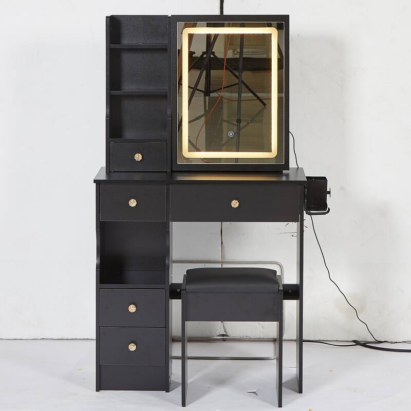 29.2" Small Size Left Drawer Desktop Vanity Table + Cushioned Stool, 2 AC+2 USB Power Station, Hair dryer bracket