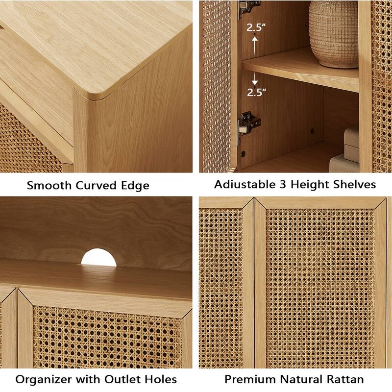 Rossetta 4-Door Mid Century Retro Modern Rattan Sideboard Buffet Cabinet