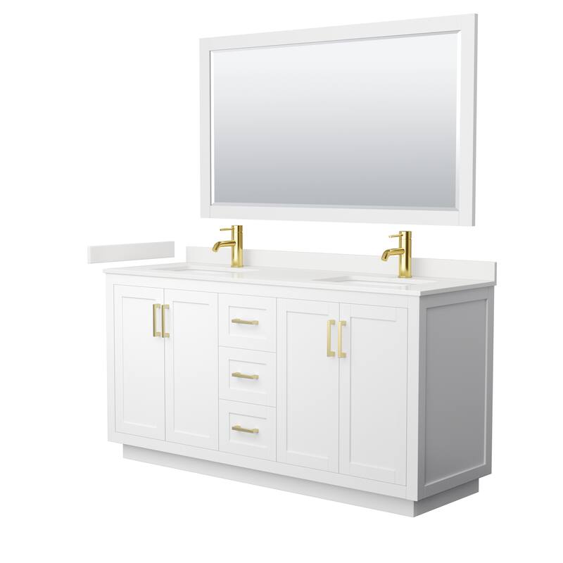 Miranda 66-inch Double Vanity, Quartz Top, 58-inch Mirror - White, Gold Trim, White Quartz Top