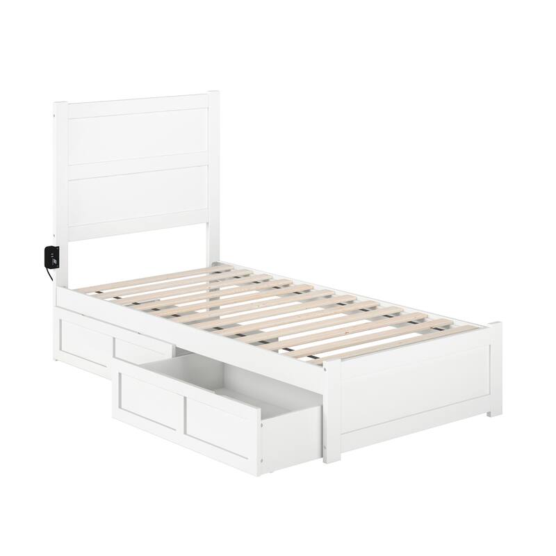Twin Bed with Drawers - White Platform Bed Frame, Storage Bed, Modern Design