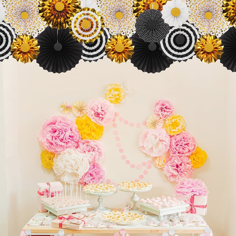 Hanging Paper Fans Party Set 8Pcs Decoration for Birthday White Black Gold - White Black Gold