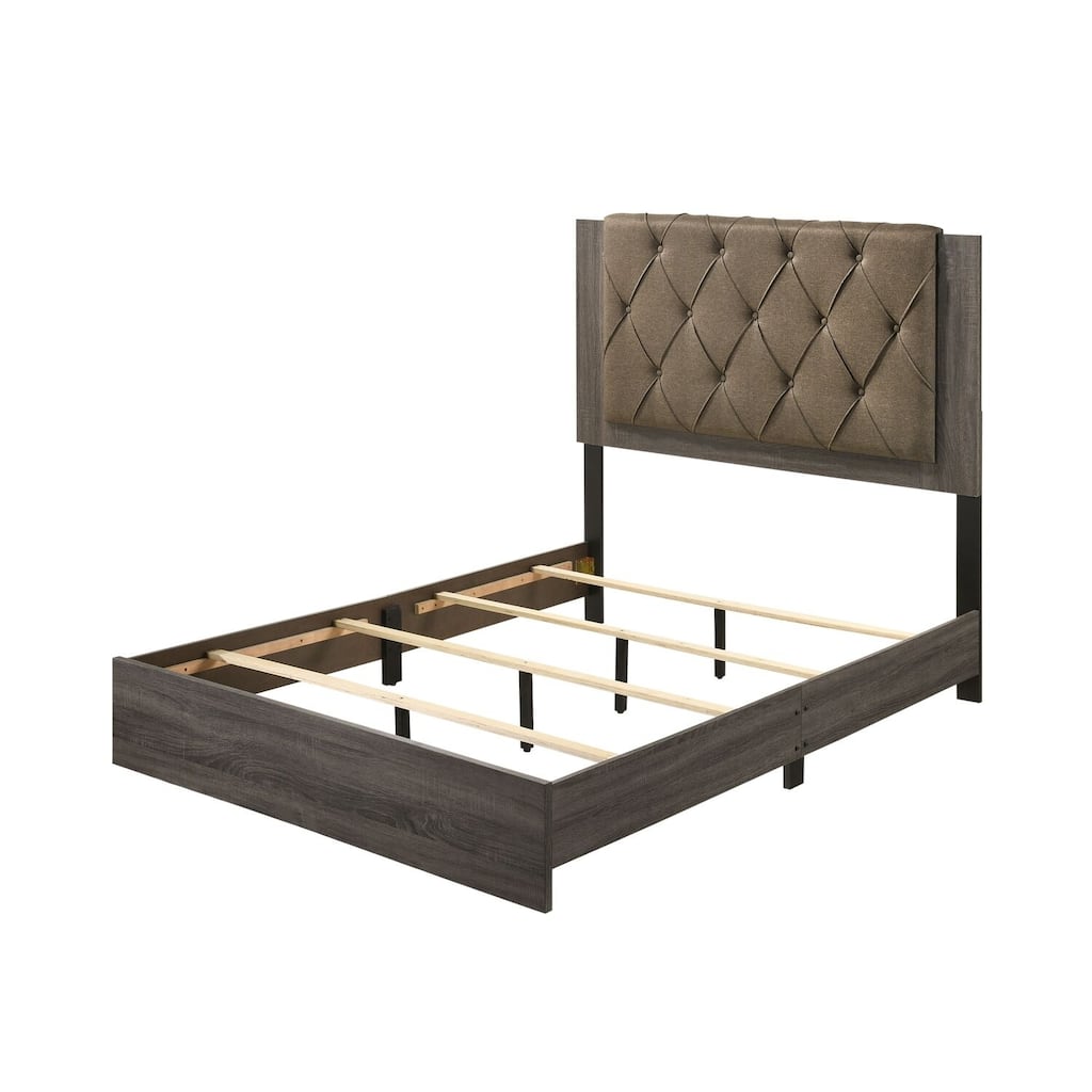 Eastern King Bed Fabric Upholstered Headboard Rustic Gray Oak Frame
