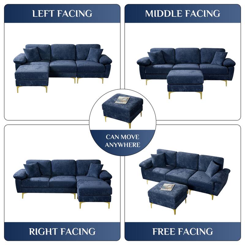 Ouyessir 2-Pieces Upholstered Velvet Sectional Sofa with 2 Pillows & Ottoman