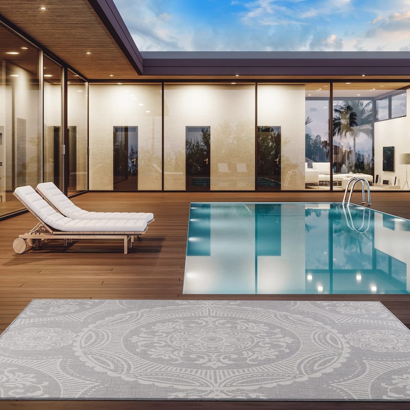Beverly Rug Grey Medallion Indoor Outdoor Rug, Outside Carpet for Patio, Deck, Porch