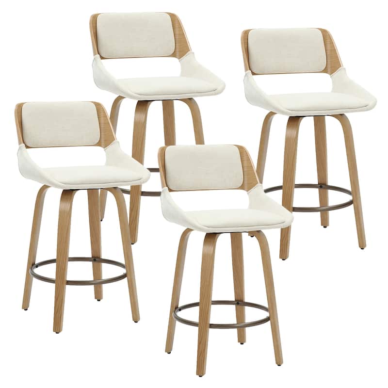 Mid-Century Modern Fabric and Wood 26" Counter Stool with Swivel, Set of 4 - Beige and Natural