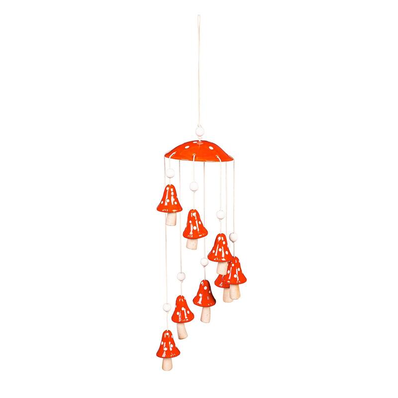 27 in. Red Mushroom Ceramic Hanging Garden Decor