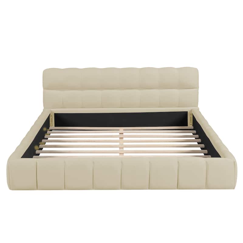 Queen Size Grounded Bed Upholstered Platform Bed Frame Solid Wood Slat Support, Thick Fabric Frame Futon Headboard