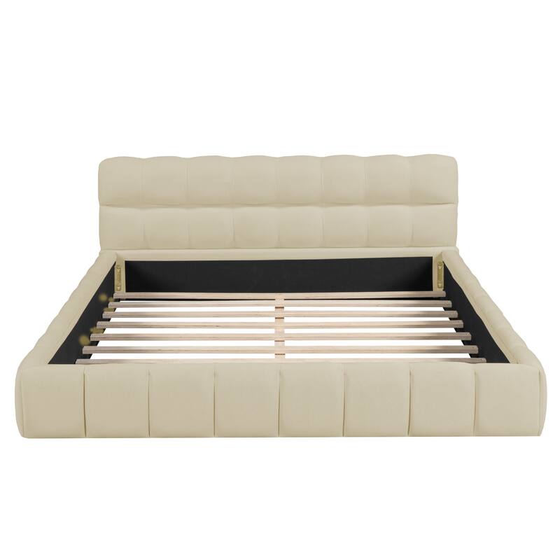 Queen Upholstered Platform Bed with Linen Fabric, Sturdy Wood Frame, Beige/Gray