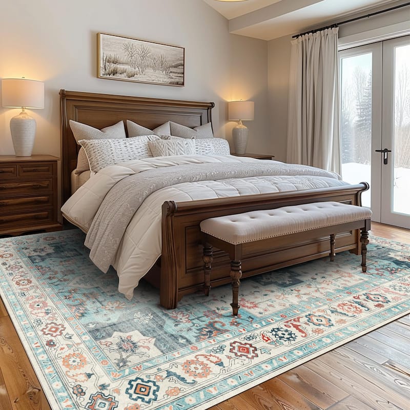 Mcow Neutral Floral Low Pile Machine Washable Non-Slip Area Rug - 9'X12'