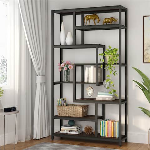 8-Shelves Staggered Bookshelf Industrial Etagere Bookcase