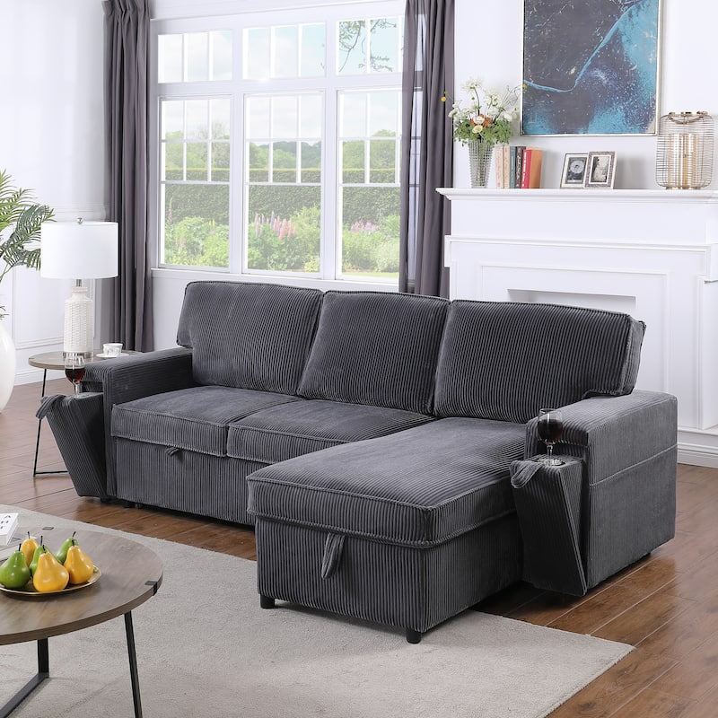 96" Chenille Sleeper Sectional Sofa with Storage Chaise