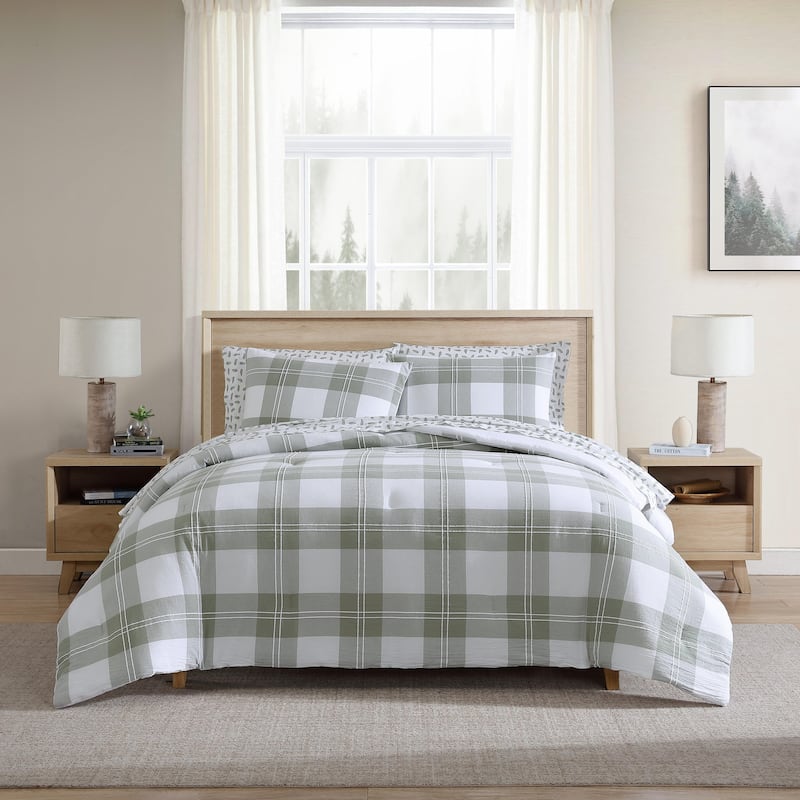 Eddie Bauer Mountain Embroidery Plaid Cotton Green Comforter Set