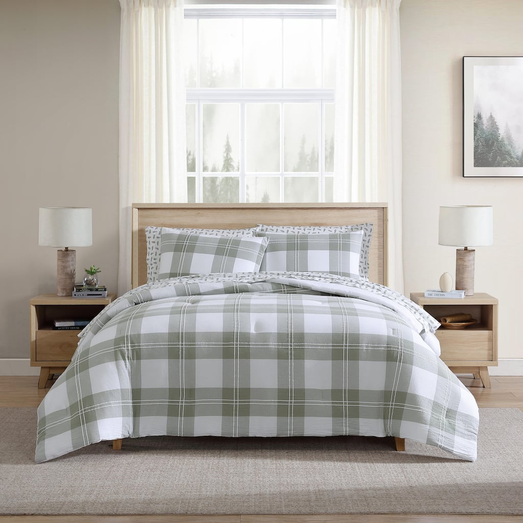 Eddie Bauer Mountain Embroidery Plaid Cotton Green Comforter Set
