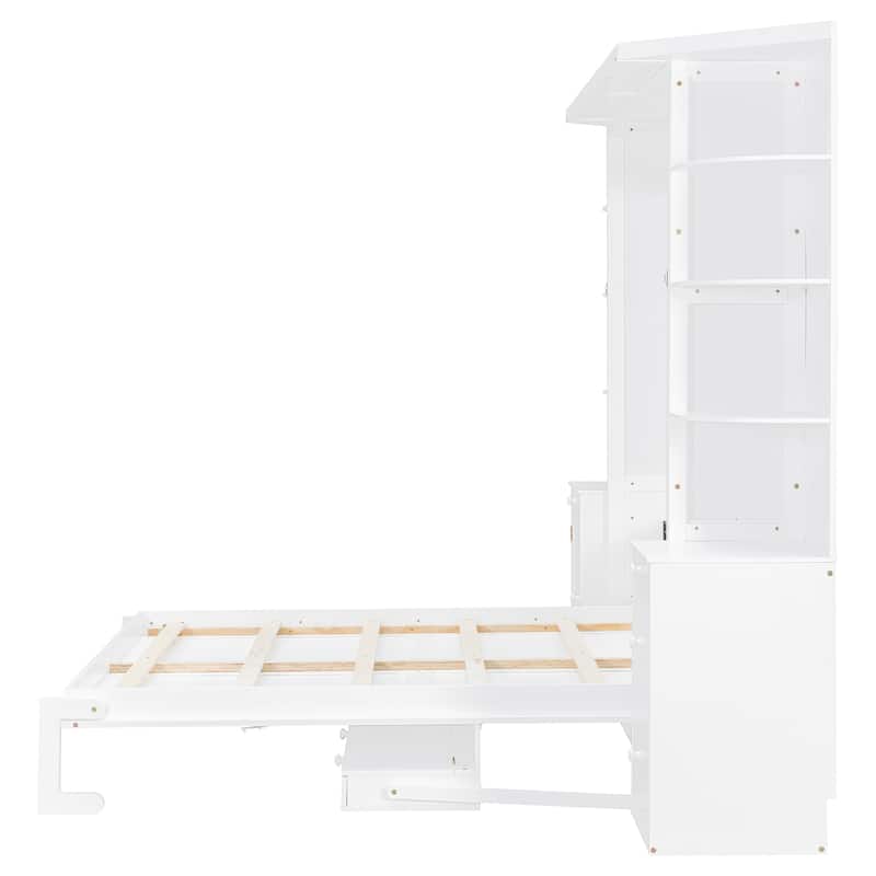 Queen Size Murphy Bed Wall Bed with Hidden Foldout Workstation, Side Open Shelves, Storage Cabinet and Drawers