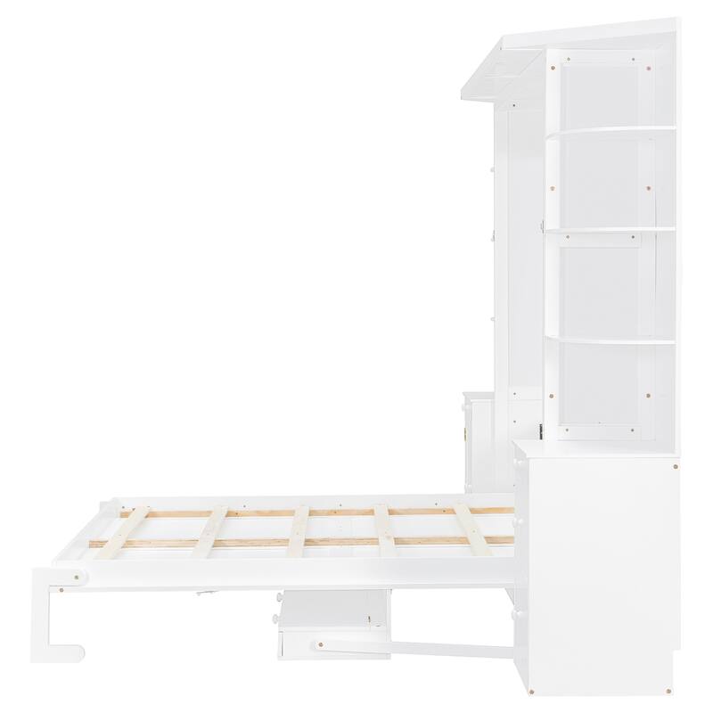 Space Saving Queen Murphy Bed with Integrated Desk, Storage Shelves Hidden Workstation