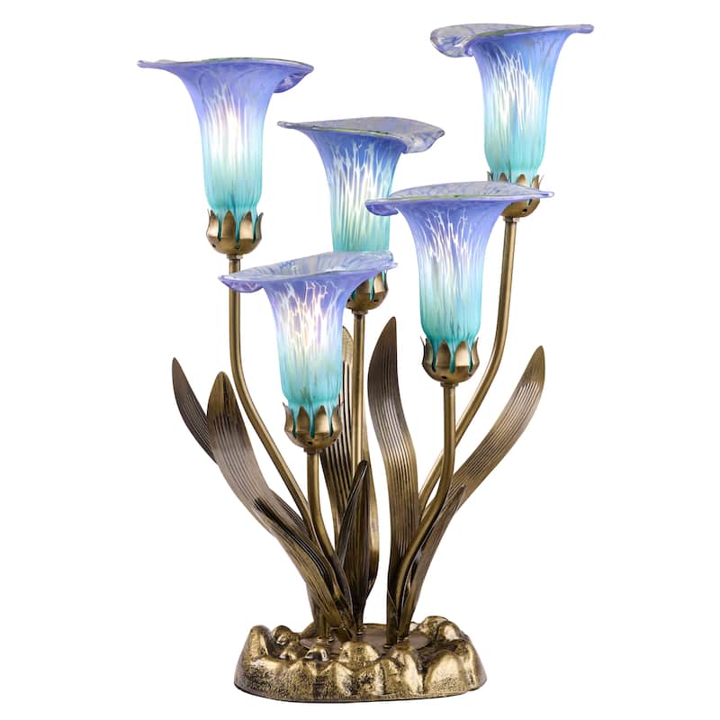 20-inch Antique Brass and Hand Blown Glass 5 Calla Lily Uplight Accent Lamp - 15" x 14" x 20" - 15" x 14" x 20" - Purple/Teal/Brass