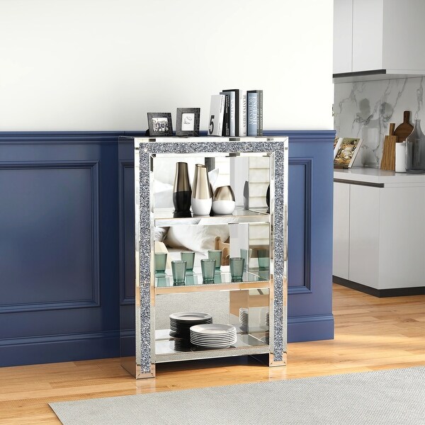 3 Shelves Glass Display Accent Cabinet with Door Crushed Diamond Inlay Silver