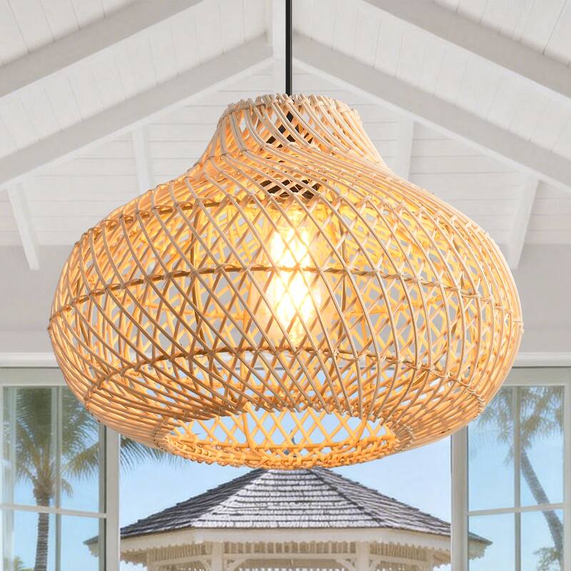 1-Light Boho Brown Rattan Hand-Woven Cloche Hanging Basket Pendant Light - 18.9" W x 59" H