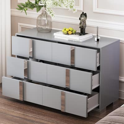 Mirrored Dresser Wardrobe Modern Closet Chests Bedside Table Storage Cabinet Chest with Metal Handle and Mirror Feet, Gray