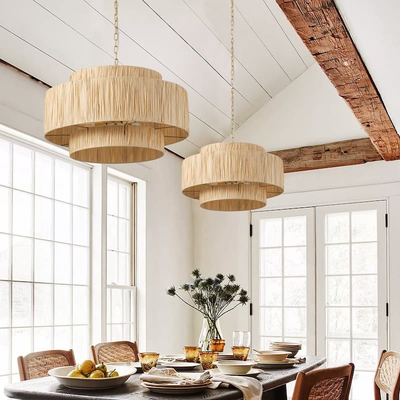Farmhouse 4-Light Paper Woven Three Tiers Pendant Light for Kitchen Island