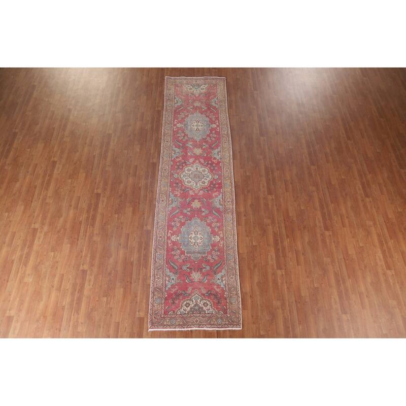Hand Knotted Oriental 100% Wool Carpet Traditional Floral Pink Tabriz Runner Rug - 12' 9'' X 3' 3''