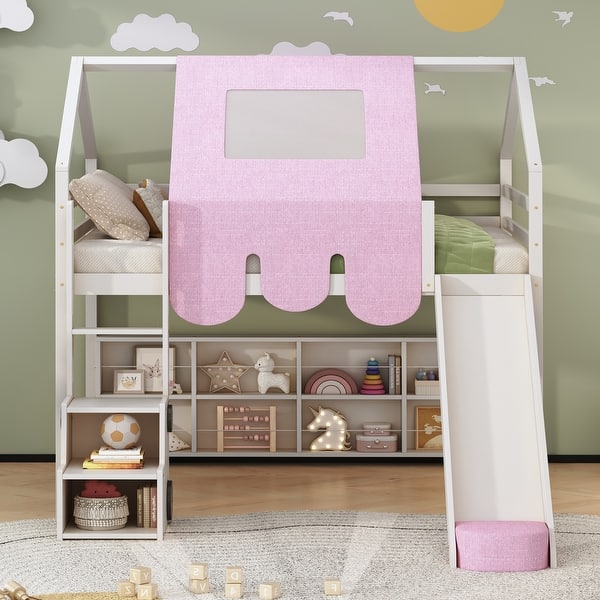 slide 2 of 80, Full Size Loft Bed with Slide, Tent, and Storage Shelves - House Frame Kids Bed with Ladder and Car-Shaped Organizer White - Full