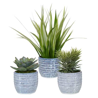 Uttermost Puebla Greenery in Blue and White Pots (Set of 3) - SM-6 x 7 x 6, MED-7 x 8 x 7, LG-22 x 16 x 22