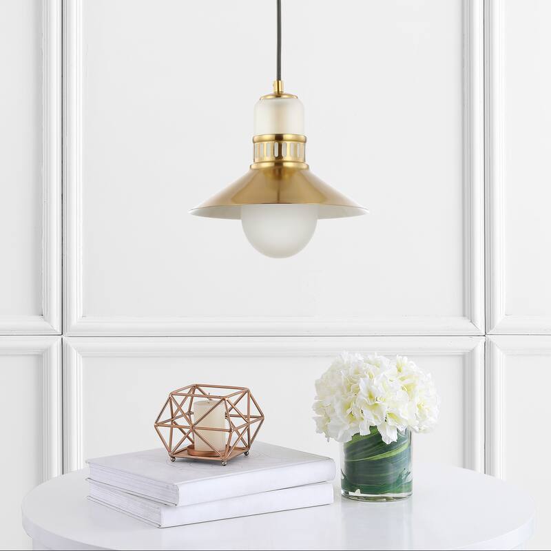 Eugenio 9.75" Adjustable Iron/Glass Retro Hurricane LED Pendant, Brass Gold by JONATHAN Y