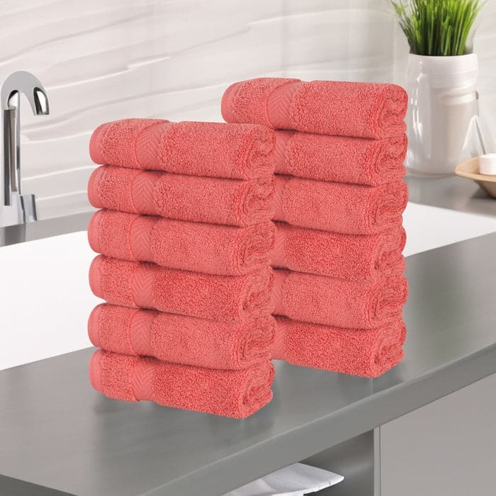 Superior Zero Twist Cotton Soft Absorbent Face Towel Washcloth Set of 12 - Coral
