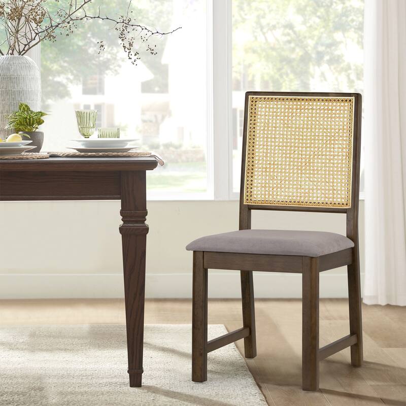 Set of 2 Baines Gray Fabric Dining Chair with High Rattan Back and Walnut Wood Legs