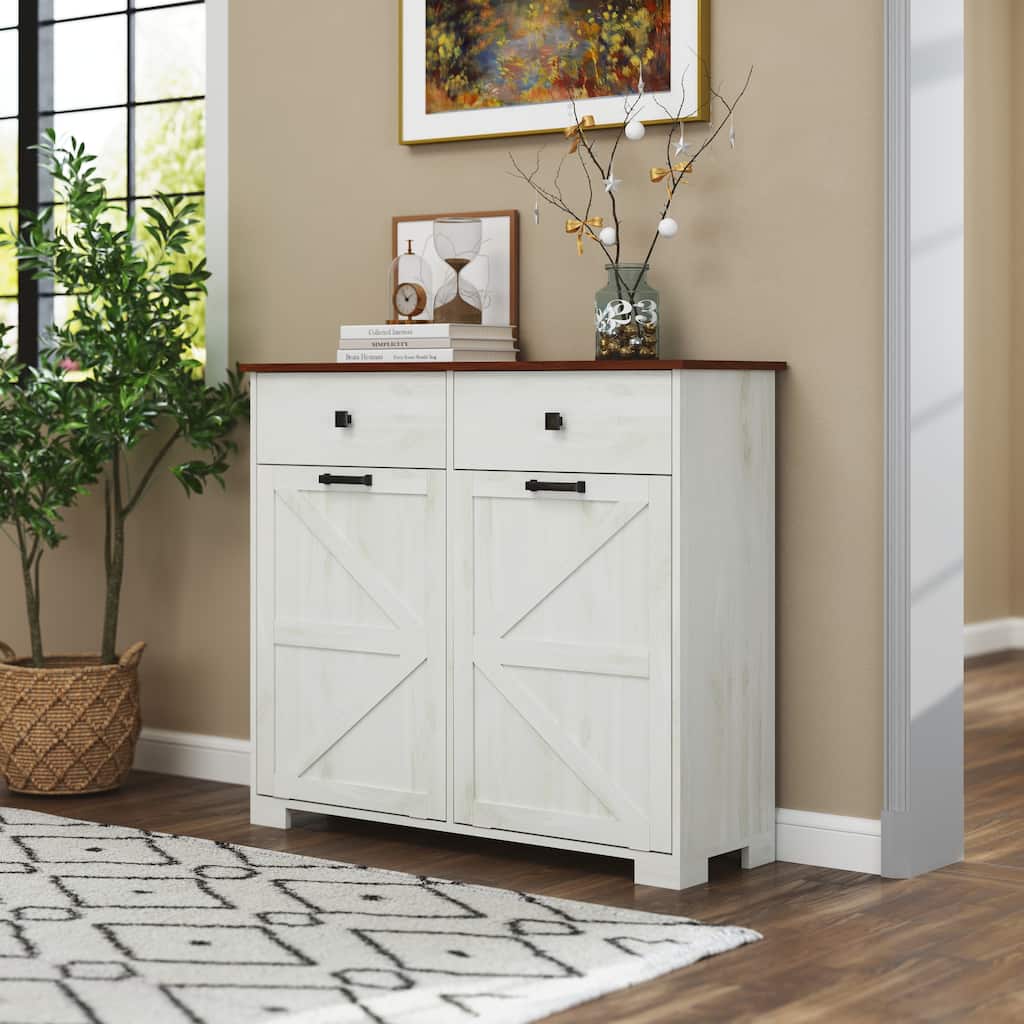 Farmhouse Double Tilt Out Trash Cabinet for 20 Gallon Trash Cans, Free Standing Recycling Cabinet with Hideaway Drawer