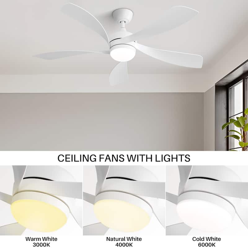 52 Inch Modern Led Ceiling Fan With 3 Color Dimmable 5 ABS Blades Remote Control Reversible DC Motor White For Bedroom