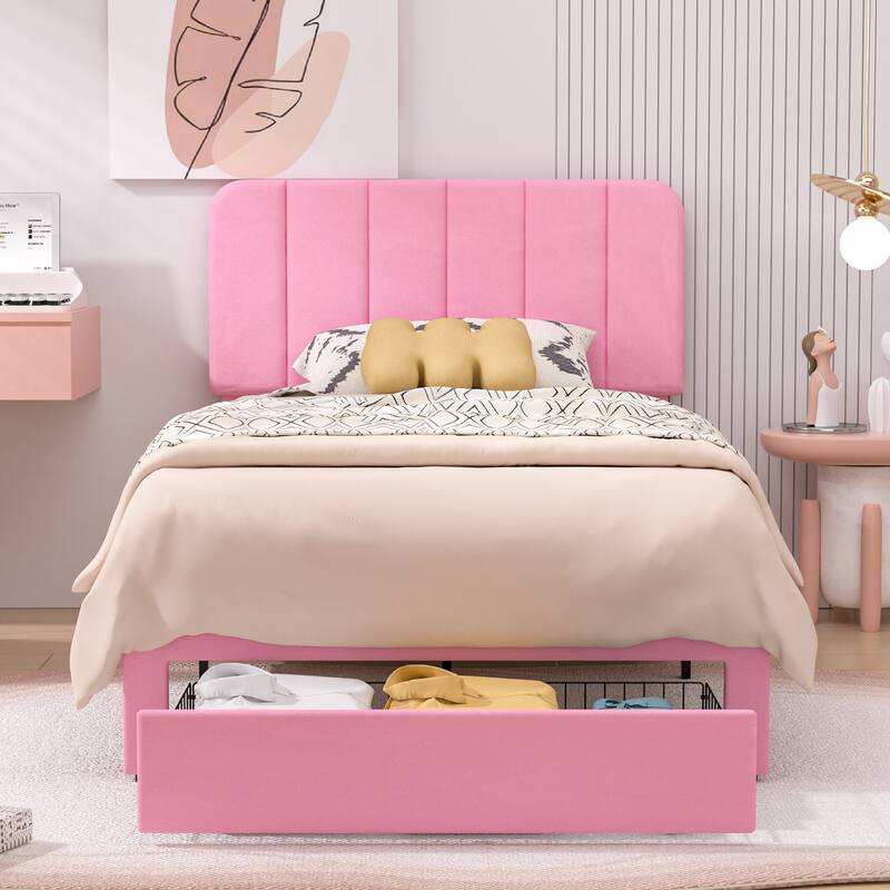 Javlergo Upholstered Platform Bed Frame with Storage Drawers and Adjustable Headboard, No Box Spring Needed - Pink - Twin