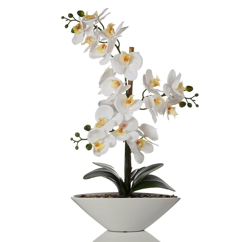 Enova Home Artificial 24" High Quality Real Touch Orchids Fake Silk Flowers in White Ceramic Pot for Home Office Decoration