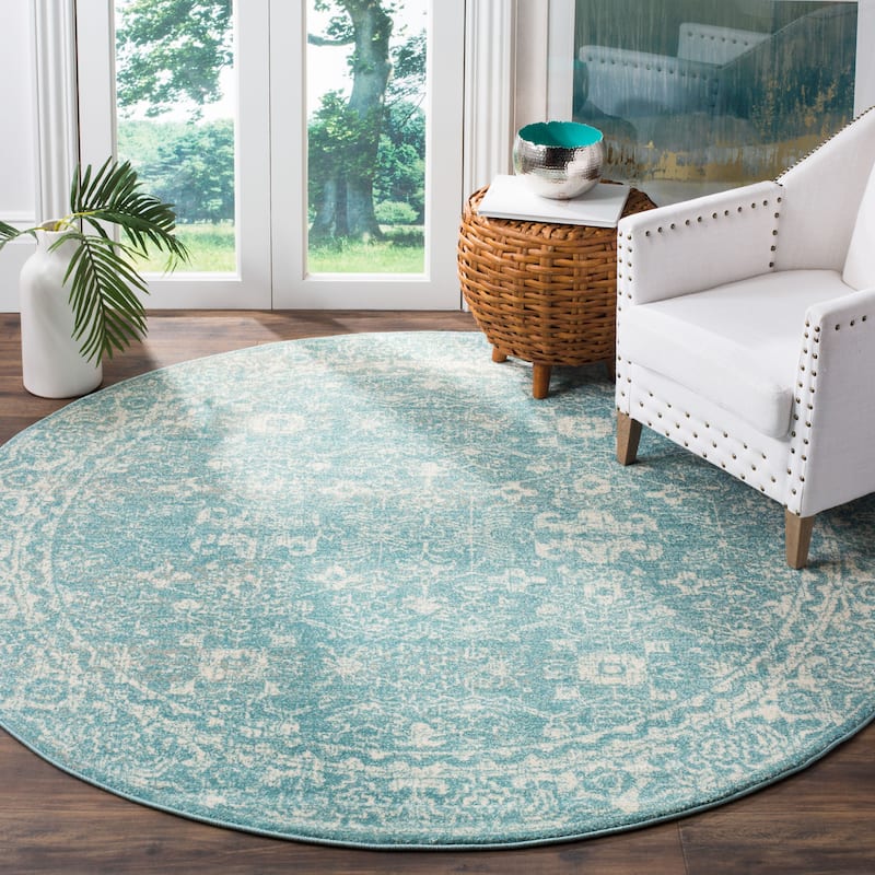 SAFAVIEH, Evoke Karola Vintage Boho Rug - 3' Round - Light Blue/Ivory