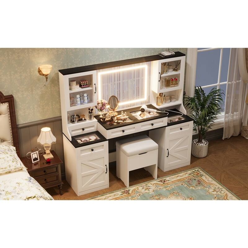 Large Makeup Vanity Desk with Mirror & Lights, Glass Top Vanity Set with Charging Station & Cabinets, Dressing Table with Stool