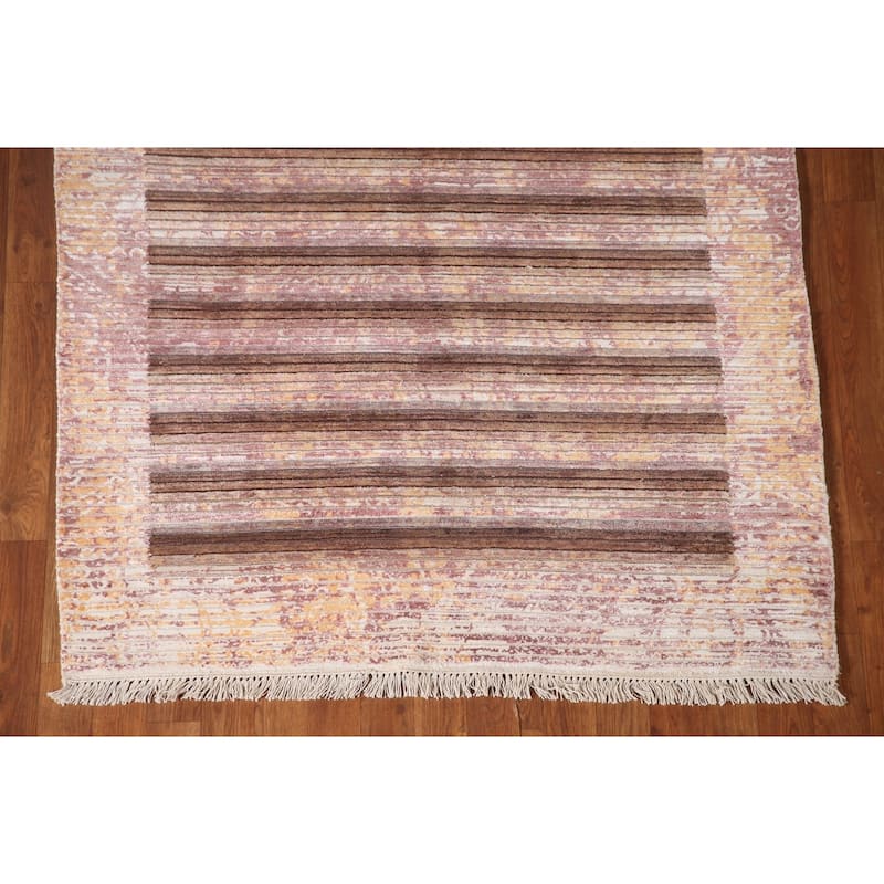 Striped Abstract Modern Accent Rug Hand-Knotted Brown Wool Carpet - 4'1"x 5'7"