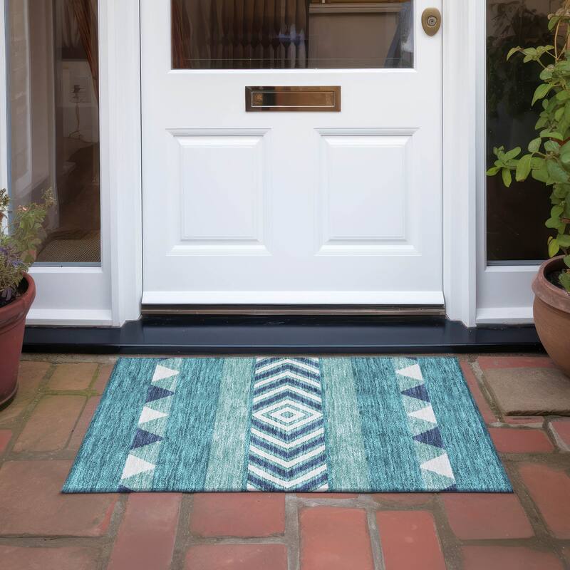 Machine Washable Indoor/ Outdoor Global Boho Chantille Rug - Teal - 1'8" x 2'6"
