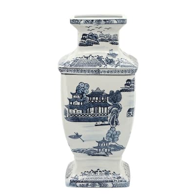 Oriental Ceramic Vase - 15" - Blue and White
