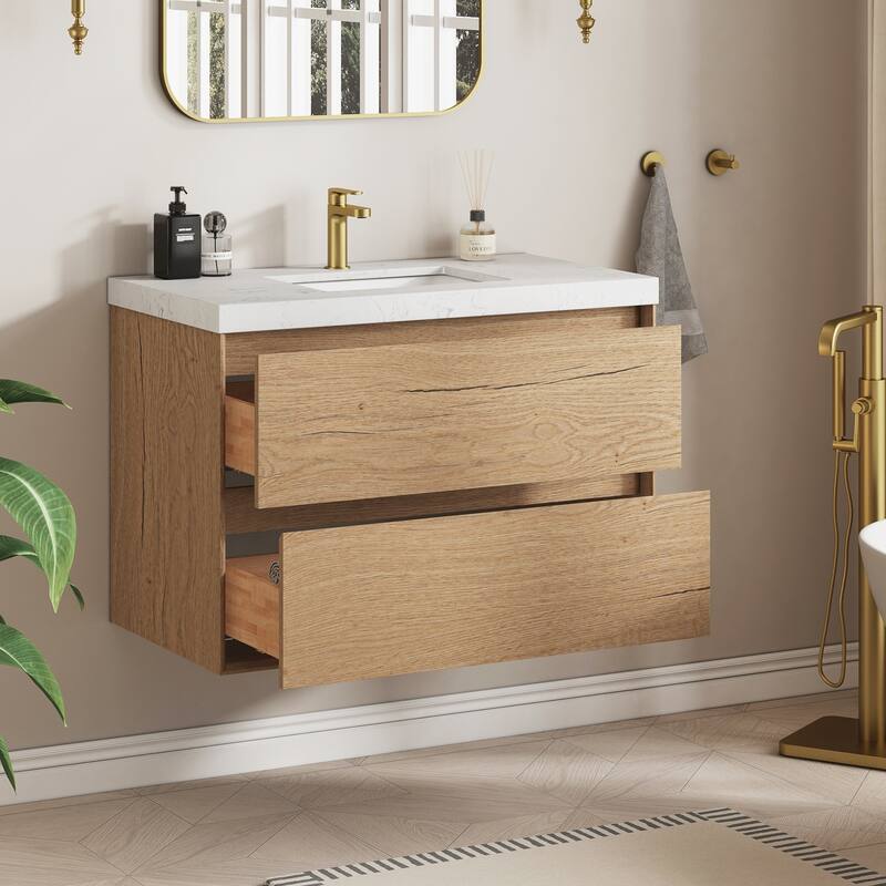 Sylphar 36 inch Bathroom Vanity with Sink, Floating Oak Cabinet with Stone Top